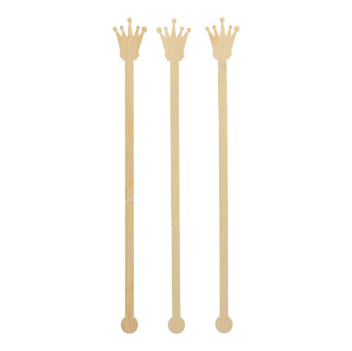 Drei PAPSTAR 100 Getränke-Quirle aus Bambus von PAPSTAR GmbH stehen aufrecht. Jeder schlichte Quirl hat eine kronenförmige Spitze, einen runden Sockel und ist frei von zusätzlichen Farben oder Verzierungen.