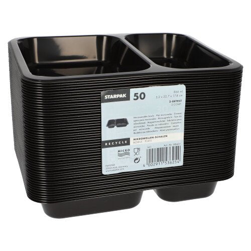 Un teanc de tăvi dreptunghiulare negre Starpak 50 cu microunde, PP, cu o etichetă pe care sunt indicate cantitatea, dimensiunile, informațiile despre reciclare și reutilizabilitatea.