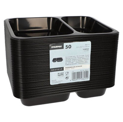 Un teanc de tăvi dreptunghiulare negre Starpak 50 cu microunde, PP, cu o etichetă pe care sunt indicate cantitatea, dimensiunile, informațiile despre reciclare și reutilizabilitatea.