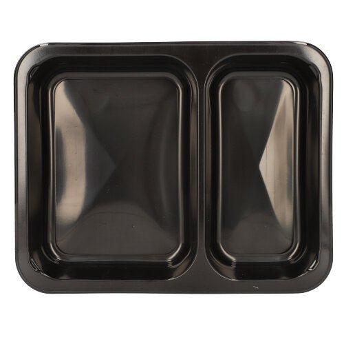 O tavă alimentară neagră Starpak 50 cu microunde din PP cu două compartimente (unul mare, unul mic) este ilustrată de sus pe un fundal alb - ideală pentru prepararea comodă și reutilizabilă a meselor la microunde.
