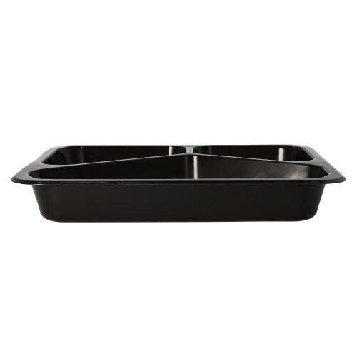 Tăvile Starpak 50 pentru microunde, PP sunt o tavă alimentară dreptunghiulară, neagră, din polipropilenă cu trei compartimente, prezentată din lateral pe un fundal alb – perfectă ca tăvi reutilizabile pentru microunde.
