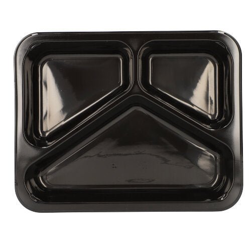Tăvile Starpak 50 pentru microunde din PP negru au trei compartimente (două mici, unul mare) și sunt ideale pentru depozitarea alimentelor reutilizabile.