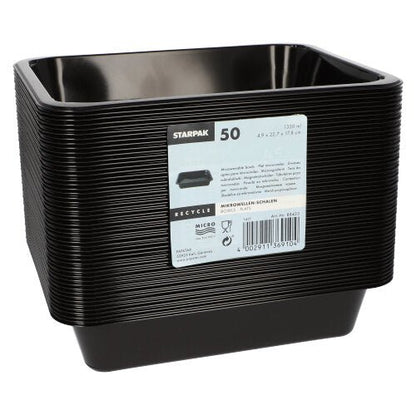 Un teanc de tăvi Starpak 50 pentru microunde, PP – containere negre, pătrate cu etichetă albă Starpak. Fabricate din polipropilenă robustă, par robuste și reutilizabile.