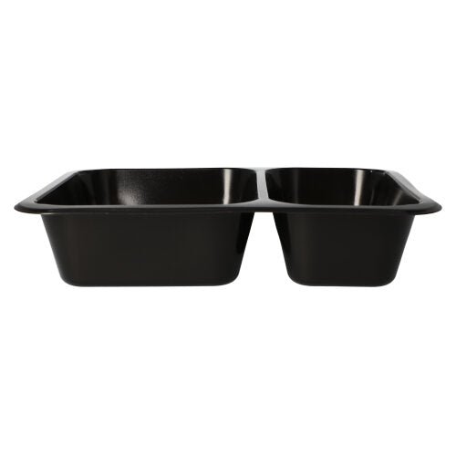 O tavă Starpak 50 cu microunde, PP, neagră, dreptunghiulară, cu două compartimente de dimensiuni egale, vedere laterală pe fundal alb. Recipient perfect reutilizabil pentru microunde de la Starpak pentru prepararea ușoară a meselor sau depozitarea alimentelor.