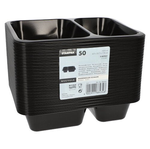 Un teanc de recipiente alimentare Starpak 50 cu microunde, PP, dreptunghiulare, negre, de la Starpak, etichetate cu un cod de bare și simboluri de reciclare. Recipiente reutilizabile sunt stivuite în două rânduri.