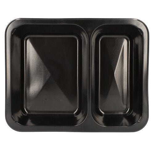 Tăvile Starpak 50 cu microunde, PP sunt recipiente alimentare negre din polipropilenă cu două compartimente dreptunghiulare (stânga mai mare, dreapta mai mică), văzute de sus pe un fundal alb. Reutilizabile și ideale pentru utilizarea zilnică. Marca: Starpak.