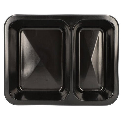 Tăvile Starpak 50 cu microunde, PP sunt recipiente alimentare negre din polipropilenă cu două compartimente dreptunghiulare (stânga mai mare, dreapta mai mică), văzute de sus pe un fundal alb. Reutilizabile și ideale pentru utilizarea zilnică. Marca: Starpak.
