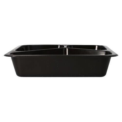 Tăvile Starpak 50 pentru microunde, PP sunt tăvi alimentare negre din polipropilenă cu două compartimente, prezentate din lateral pe un fundal alb; ideale ca vase reutilizabile pentru microunde.