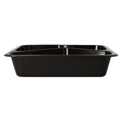 O tavă alimentară Starpak 50 pentru microunde din PP negru cu două compartimente, ilustrată din lateral pe un fundal alb. Această tavă reutilizabilă este ideală pentru depozitarea sustenabilă a meselor.