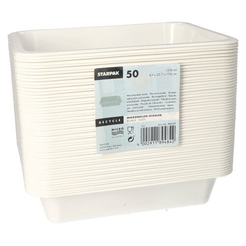 Un teanc de tăvi Starpak 50 pentru microunde, containere PP de la Starpak, alb și dreptunghiular, cu informații de reciclare și un cod de bare pe partea frontală.