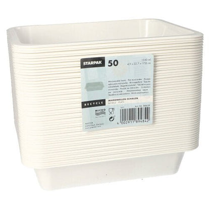 Un teanc de tăvi Starpak 50 pentru microunde, containere PP de la Starpak, alb și dreptunghiular, cu informații de reciclare și un cod de bare pe partea frontală.