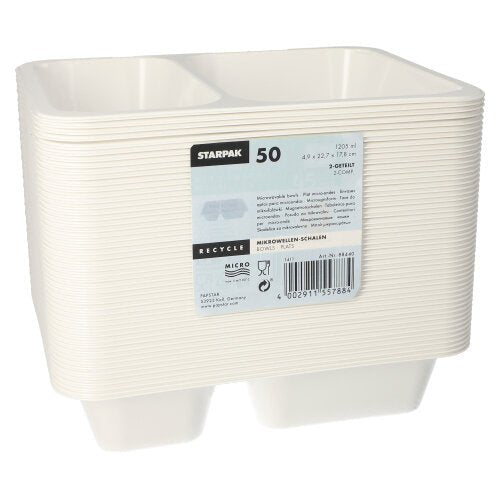 Un teanc de tăvi Starpak 50 cu microunde, PP - tăvi albe cu microunde cu două compartimente - ambalate în folie transparentă. Aceste recipiente reutilizabile din polipropilenă poartă pe față marca Starpak și informații despre produs.