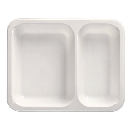 Tăvile Starpak 50 cu microunde, PP sunt o tavă alimentară de unică folosință, albă, dreptunghiulară de la Starpak cu două compartimente: o zonă mai mare în stânga și una mai mică în dreapta.