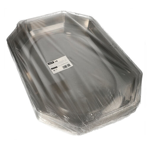 Un teanc de capace ovale Starpak 10 pentru platouri de servire de la Starpak din PET transparent, învelite în plastic transparent cu un cod de bare și o etichetă cu informații despre produs pe partea de sus, asigură prospețimea optimă pentru platouri de servire cu margini înclinate.