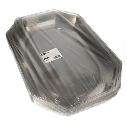 Un teanc de capace ovale Starpak 10 pentru platouri de servire de la Starpak din PET transparent, învelite în plastic transparent cu un cod de bare și o etichetă cu informații despre produs pe partea de sus, asigură prospețimea optimă pentru platouri de servire cu margini înclinate.