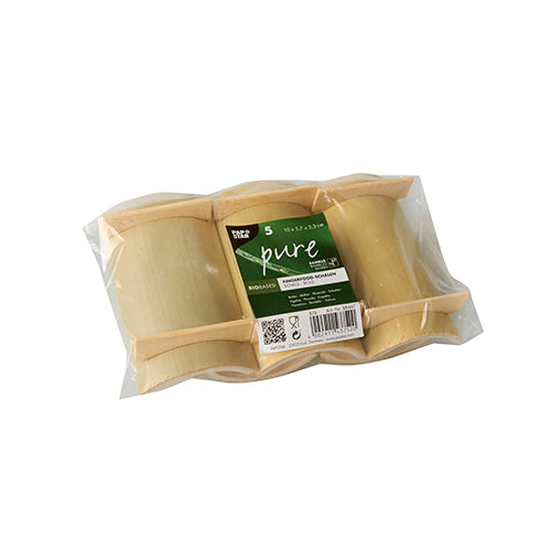 In einer Klarsichtverpackung der PAPSTAR GmbH befinden sich fünf rechteckige Fingerfoodschalen „pure“ aus Bambus (10 x 5,7 x 2,3 cm), jeweils mit der Aufschrift „pure“ und „bamboo ware“.