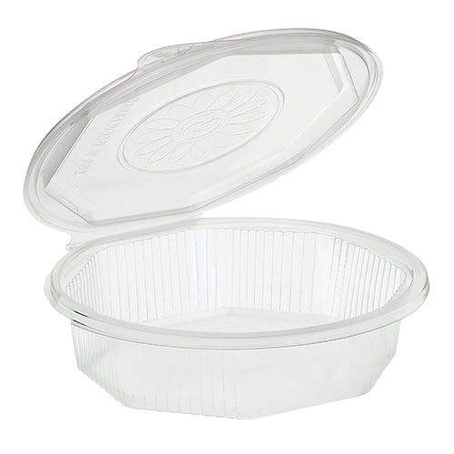O cutie de meniu Starpak PP transparentă, octogonală (5,9 x 21,5 x 21,5 cm) cu capac rabatabil, care dezvăluie conținutul gol; model floral în relief pe capac. Ideal pentru depozitarea alimentelor. Set de 25 de cutii de meniu cu capac rabatabil, transparent.