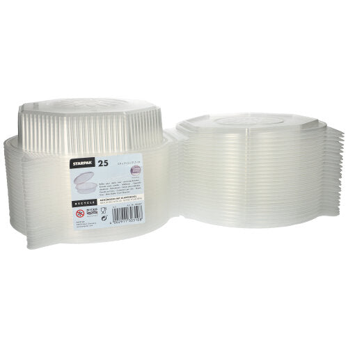 Două grămezi de 25 de cutii de meniu Starpak cu capace rabatabile, PP transparent și octogonale (5,9 x 21,5 x 21,5 cm) sunt prezentate una lângă alta. Ideal pentru depozitarea alimentelor sau pentru servirea meselor la orice eveniment.