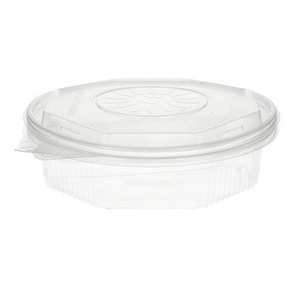 Un recipient de 25 de cutii de meniu Starpak cu capace rabatabile, PP transparent, octogonal (5,9 x 21,5 x 21,5 cm) pentru take-away este gol, cu capacul pus, pe un fundal alb.