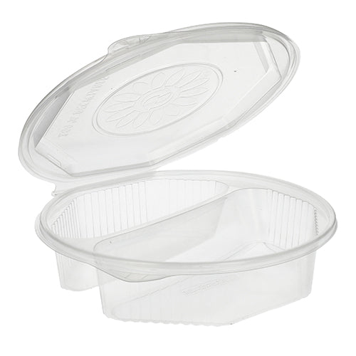 Un recipient Starpak 25 de cutii de meniu PP transparent, cu 8 laturi și capac rabatabil (5,9 x 21,5 x 21,5 cm), este prezentat deschis - ideal pentru depozitarea practică a alimentelor.
