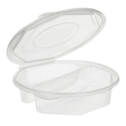 Un recipient Starpak 25 de cutii de meniu PP transparent, cu 8 laturi și capac rabatabil (5,9 x 21,5 x 21,5 cm), este prezentat deschis - ideal pentru depozitarea practică a alimentelor.
