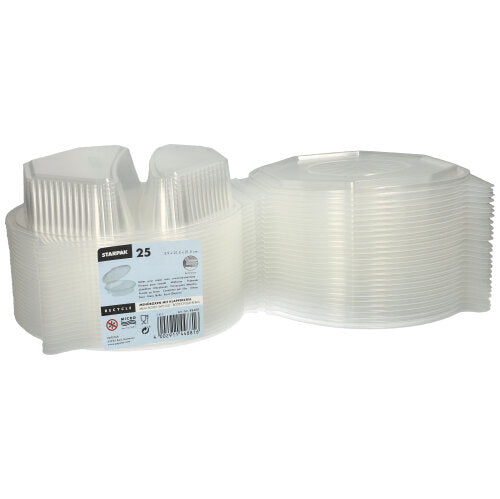 Este prezentat un stiv de 25 de cutii de meniu Starpak cu capace rabatabile, din PP transparent (octogonal, 5,9 x 21,5 x 21,5 cm). Eticheta conține informații despre marcă și instrucțiuni de utilizare - ideal pentru depozitarea alimentelor sau pentru servire.