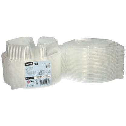 Este prezentat un stiv de 25 de cutii de meniu Starpak cu capace rabatabile, din PP transparent (octogonal, 5,9 x 21,5 x 21,5 cm). Eticheta conține informații despre marcă și instrucțiuni de utilizare - ideal pentru depozitarea alimentelor sau pentru servire.
