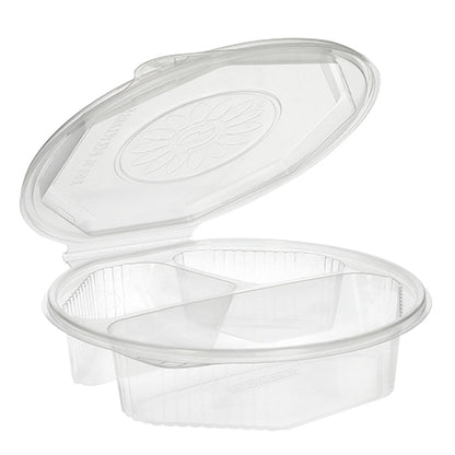 Cutiile de meniu Starpak 25 cu capace rabatabile sunt recipiente PP transparente, octogonale (5,9 x 21,5 x 21,5 cm) cu capac cu balama și două compartimente - ideal pentru depozitarea și separarea alimentelor.