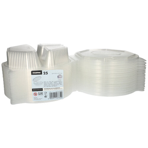 Un set de 25 de cutii de meniu Starpak, PP transparent și octogonal (5,9 x 21,5 x 21,5 cm), cu capace rabatabile. Ideal pentru depozitarea alimentelor; eticheta produsului este vizibilă pe ambalaj.