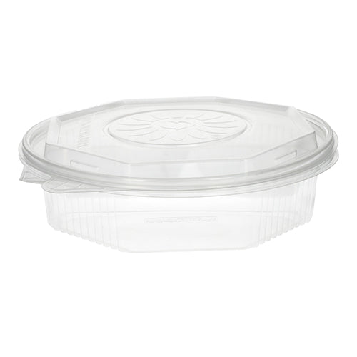 Cutiile de meniu Starpak 25 sunt recipiente de tip take-away din polipropilenă transparente, cu capac rabatabil, cu 8 laturi, având dimensiunile de 5,9 x 21,5 x 21,5 cm - ideal pentru depozitarea alimentelor și prezentate goale pe un fundal alb.