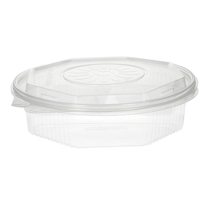 Cutiile de meniu Starpak 25 sunt recipiente de tip take-away din polipropilenă transparente, cu capac rabatabil, cu 8 laturi, având dimensiunile de 5,9 x 21,5 x 21,5 cm - ideal pentru depozitarea alimentelor și prezentate goale pe un fundal alb.