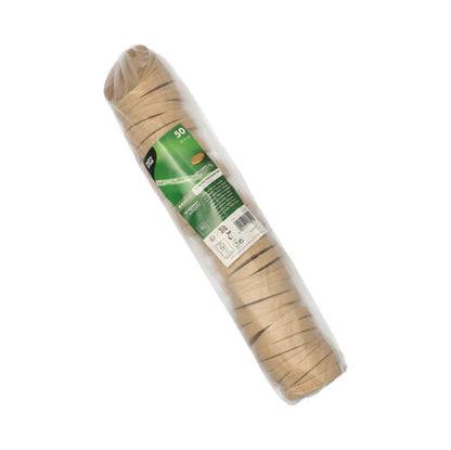 Eine eingeschweißte Packung mit 50 braunen, runden PAPSTAR GmbH-Deckeln (Ø 6 cm) für Portionsbecher ist gestapelt und mit einem grünen Etikett mit Angaben versehen. Produkt: PAPSTAR Deckel für Portionsbecher, braun.