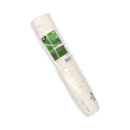 Un pachet cu 20 de PAPSTAR pahare de carton albe dublu izolate "Bucurie Pură" (8 cm), ambalate în plastic transparent cu etichetă verde și albă. Paharele de unică folosință sunt stivuite ordonat în ambalaj. Marcă: PAPSTAR GmbH.