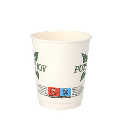 Paharul dublu izolat PAPSTAR (8 cm, alb, "Bucurie Pură") de la PAPSTAR GmbH are un design cu frunze verzi, simboluri eco în zona de jos și oferă o opțiune ecologică în pachet de 20.