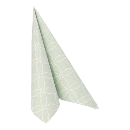 Un șervețel "ROYAL Collection" de la PAPSTAR GmbH 50 șervețele, verde, 40 x 40 cm, cu un model geometric alb de cercuri este pliat într-un con vertical pe un fundal alb.