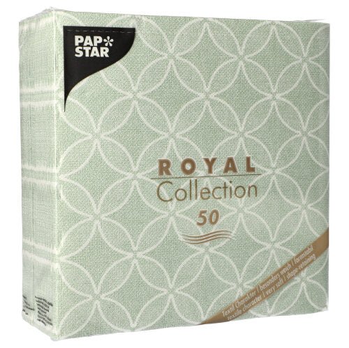 Un pachet cu 50 de PAPSTAR șervețele "ROYAL Collection" 1/4-pliere, 40 x 40 cm, verde de la PAPSTAR GmbH, cu un model geometric alb și scris auriu și alb pe față.