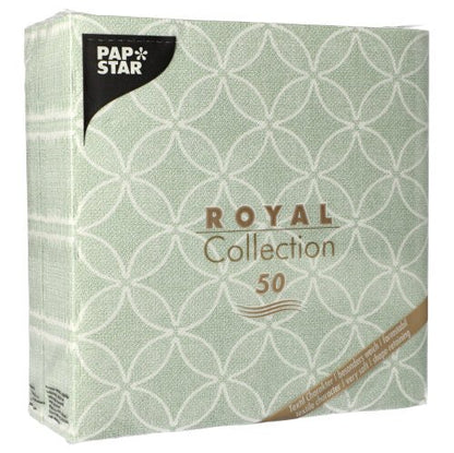 Un pachet cu 50 de PAPSTAR șervețele "ROYAL Collection" 1/4-pliere, 40 x 40 cm, verde de la PAPSTAR GmbH, cu un model geometric alb și scris auriu și alb pe față.