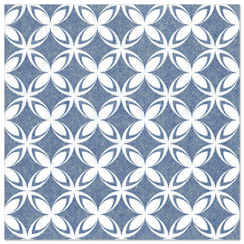Un model geometric repetitiv din ovale albe formează modele asemănătoare florilor pe albastru, care amintesc de cele 50 de șervețele „ROYAL Collection” (1/4-pliat, 40x40 cm) ale PAPSTAR GmbH și conferă fiecărei mese aranjate o eleganță rafinată.