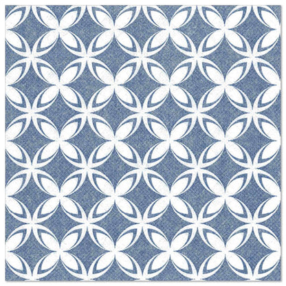 Un model geometric repetitiv din ovale albe formează modele asemănătoare florilor pe albastru, care amintesc de cele 50 de șervețele „ROYAL Collection” (1/4-pliat, 40x40 cm) ale PAPSTAR GmbH și conferă fiecărei mese aranjate o eleganță rafinată.