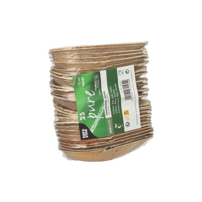 Un teanc de 25 de PAPSTAR lingurițe de fingerfood din frunză de palmier, design de 12 cm "Asia", în folie termocontractabilă cu o etichetă verde-albă, pe care sunt indicate dimensiunea, cantitatea, simbolurile ecologice și mențiunea că sunt biodegradabile. Marcă: PAPSTAR GmbH.