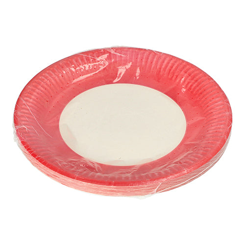 Tava de 20 farfurii, carton rotund Ø 23 cm de la PAPSTAR GmbH are o margine roșie și un centru alb, este livrată într-un ambalaj transparent din plastic și este ideală pentru evenimente - aici prezentată pe un fundal alb.