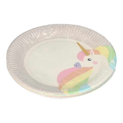 Un teanc de PAPSTAR 10 farfurii, carton rotund Ø 23 cm de la PAPSTAR GmbH, parțial învelite în folie și decorate cu un unicorn colorat de desene animate – ideale pentru petreceri și evenimente.