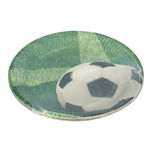 Farfuriile PAPSTAR de 10 bucăți, carton rotund Ø 23 cm de la PAPSTAR GmbH cu design de fotbal pe iarbă sunt perfecte pentru petreceri și evenimente și sunt ambalate în folie de plastic clară.