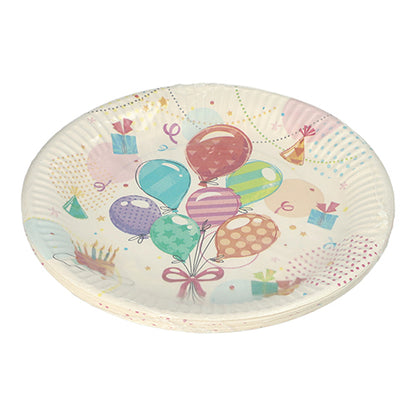 PAPSTAR 10 farfurii, carton rotund Ø 23 cm de la PAPSTAR GmbH cu design de petrecere colorat din baloane, cadouri, confetti și tort de aniversare - farfurii de unică folosință ideale pentru petreceri și aniversări.