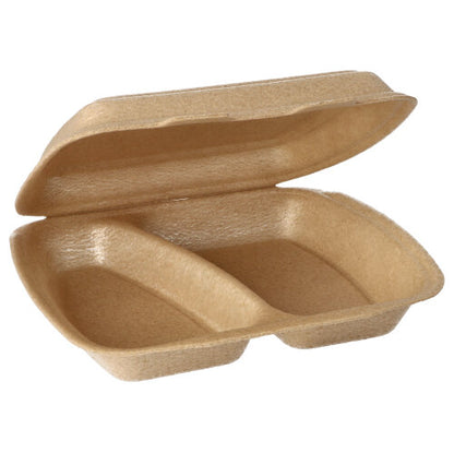 Cutii de meniu Starpak 50 cu capac rabatabil din XPP (7 x 20,5 x 24 cm, bej) au două compartimente separate și sunt prezentate deschise, ideale pentru transportul sigur al alimentelor și pentru prezentarea împărțirii interioare.