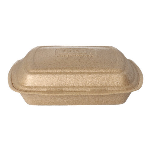 Cutii de meniu Starpak 50 cu capac rabatabil din XPP (7 x 20,5 x 24 cm, bej) permit transportul sigur al alimentelor și sunt vizibile în imagine pe un fundal alb.