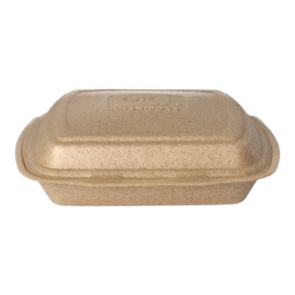 Cutii de meniu Starpak 50 cu capac rabatabil din XPP (7 x 20,5 x 24 cm, bej) permit transportul sigur al alimentelor și sunt vizibile în imagine pe un fundal alb.