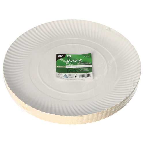 PAPSTAR GmbH 25 farfurii, carton "pure" rotund alb: farfurii de unică folosință albe din carton durabil, fiecare pachet conține 25 de farfurii ecologice cu margine ondulată și etichetă verde-albă, ambalate în folie transparentă.