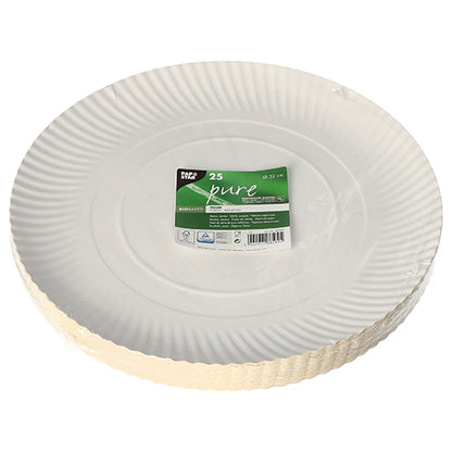 PAPSTAR GmbH 25 farfurii, carton "pure" rotund alb: farfurii de unică folosință albe din carton durabil, fiecare pachet conține 25 de farfurii ecologice cu margine ondulată și etichetă verde-albă, ambalate în folie transparentă.