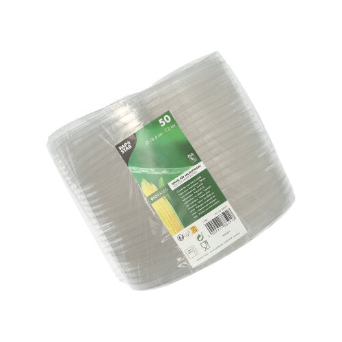 Un pachet cu 50 de capace transparente, rotunde pentru boluri de salată din PLA de la PAPSTAR GmbH (2 cm înălțime), ideal pentru păstrarea prospețimii salatelor și perfect potrivit pentru farfurii din plastic transparent.